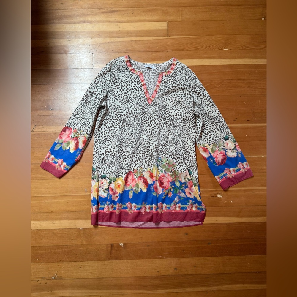 Johnny Was Animal Print Floral Tunic Boho Top Size XL